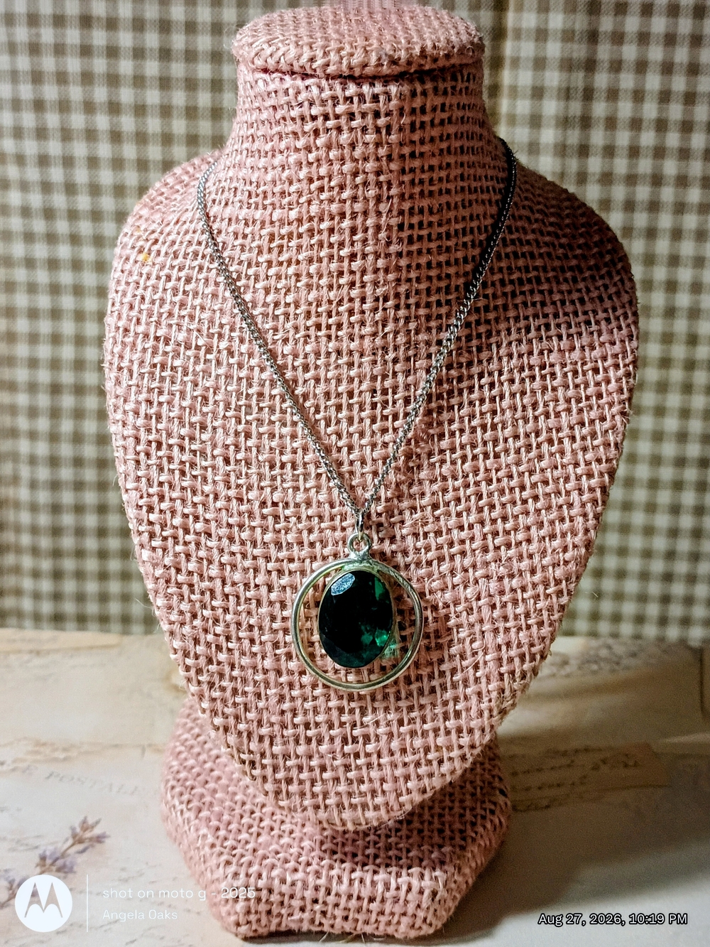 Silver-Tone Necklace with Deep Green Oval Gem Pendant